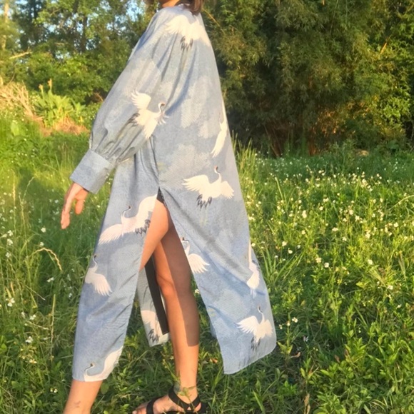 Vintage Japanese style crane print long side slit robe - Picture 10 of 11